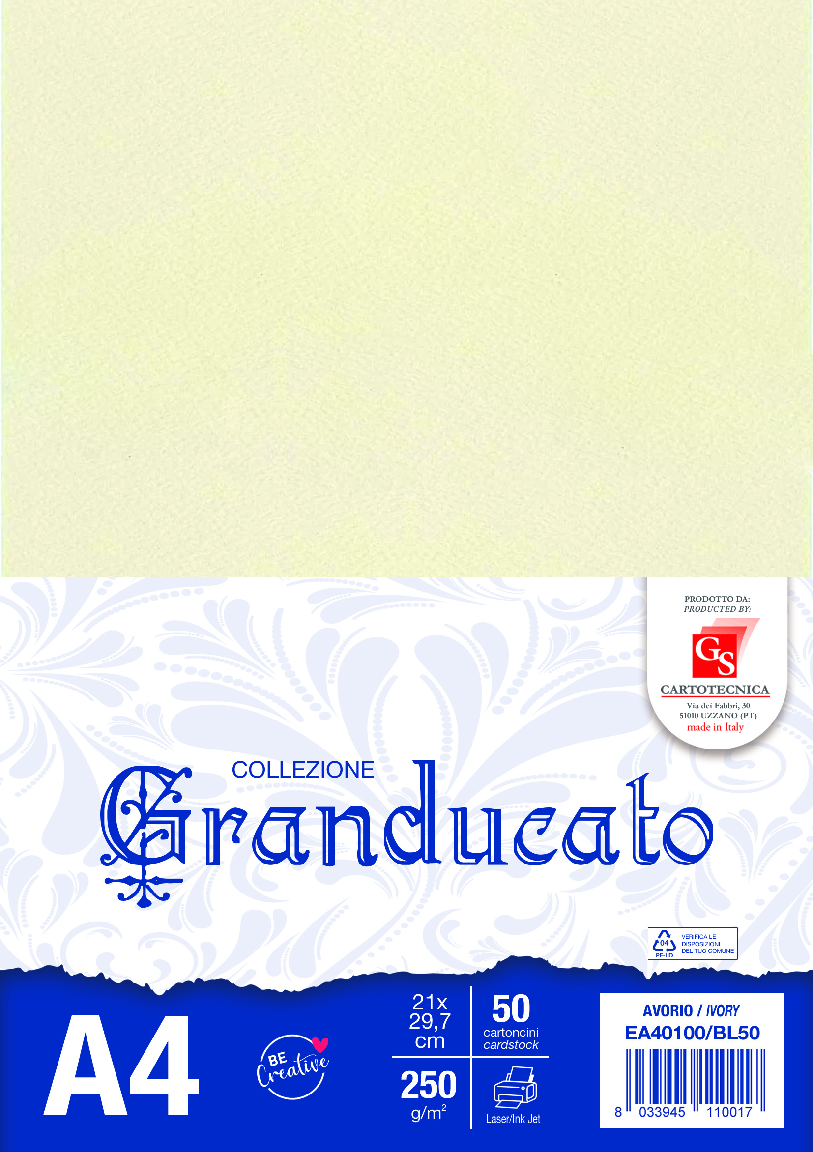 CARTONCINI GRANDUCATO COLORE AVORIO A4 GR. 250 BOX50