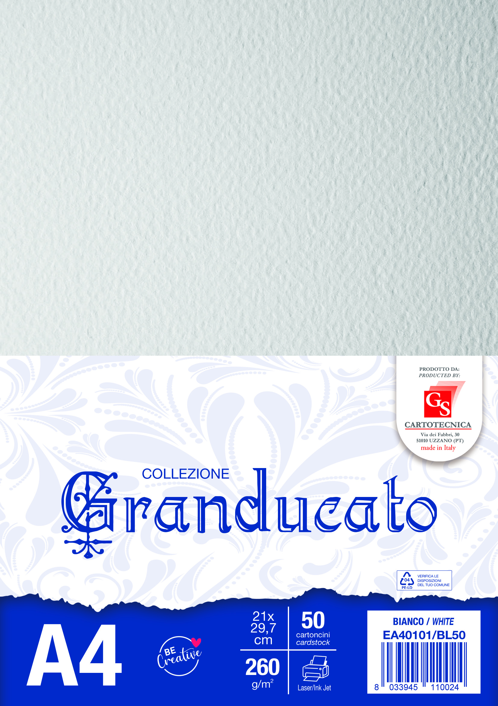 CARTONCINI GRANDUCATO COLORE BIANCO A4 GR. 260 BOX50