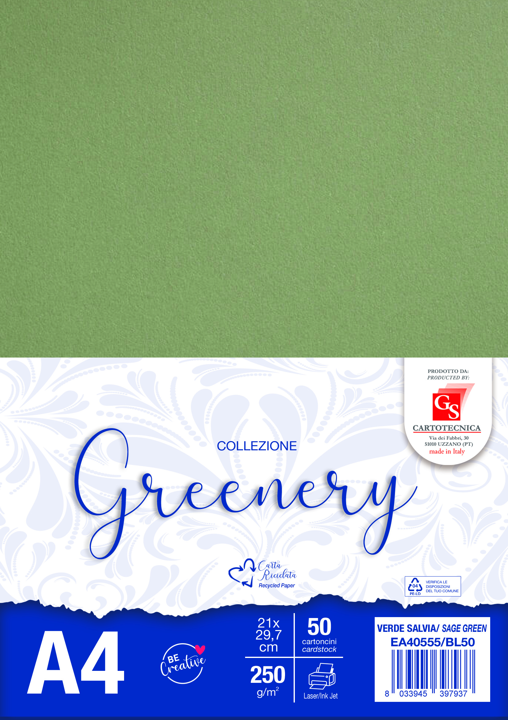 CARTONCINI GREENERY COLORE VERDE SALVIA A4 GR. 250 BOX50
