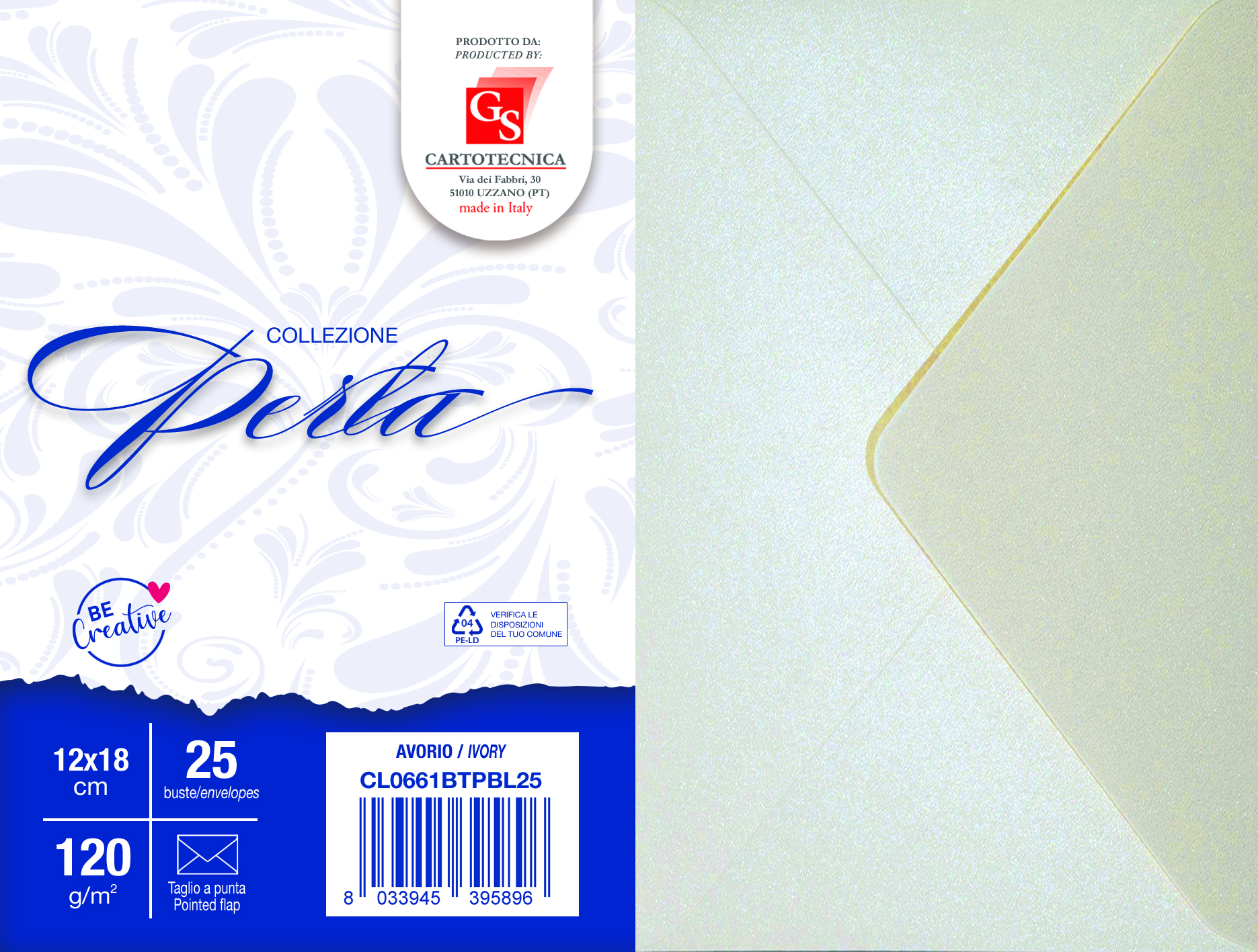 BUSTE PERLATO COLORE AVORIO 12X18 TAGLIO A PUNTA GR. 120 BOX25