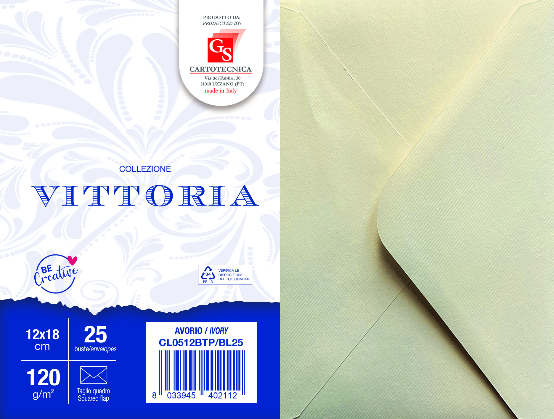 BUSTE VITTORIA COLORE AVORIO 12X18 TAGLIO A PUNTA GR. 120 BOX25