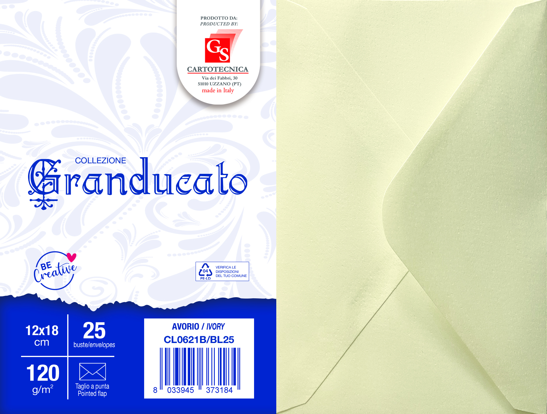 BUSTE GRANDUCATO COLORE AVORIO 12X18 TAGLIO A PUNTA GR. 120 BOX25
